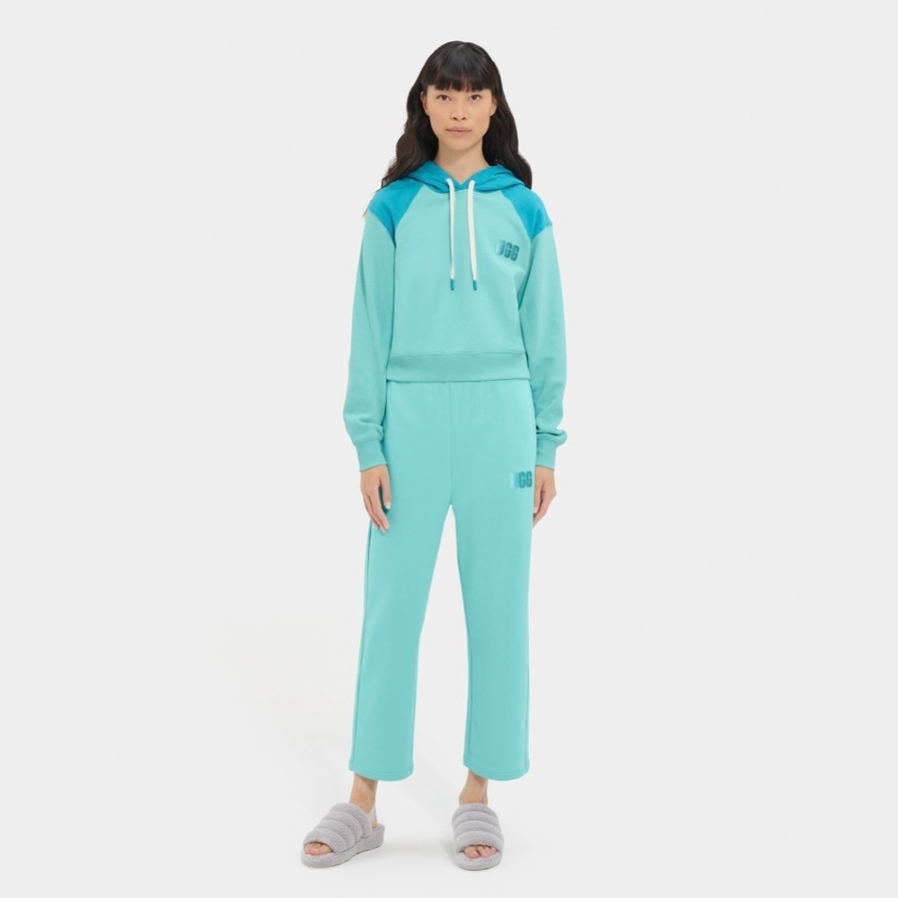 UGG Mallory Cropped Hoodie & Cropped Sweat Pants Teal Colorblock Set Size Large